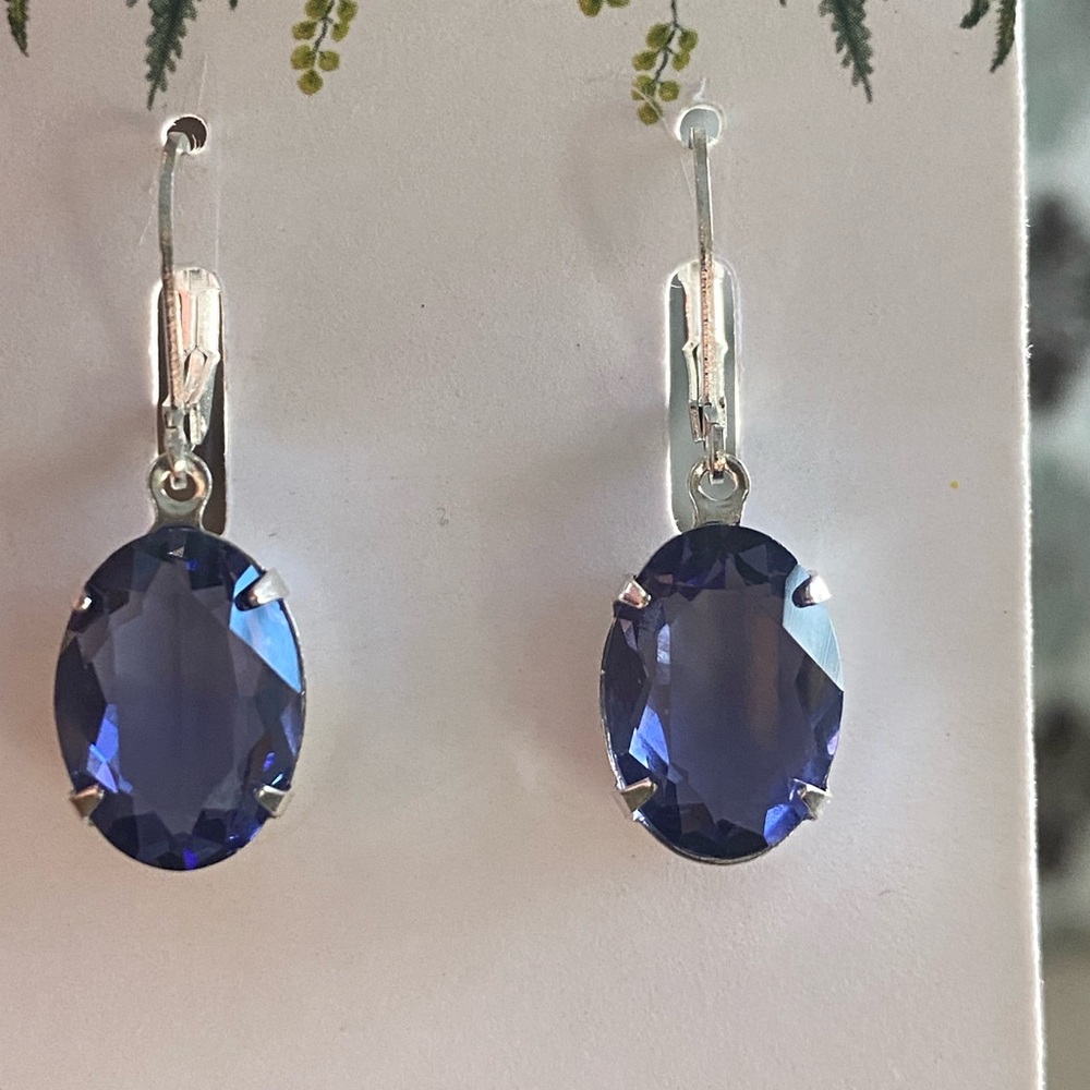 Iolite-Style Oval Drop Earrings with Leverback - Tanzanite Shade